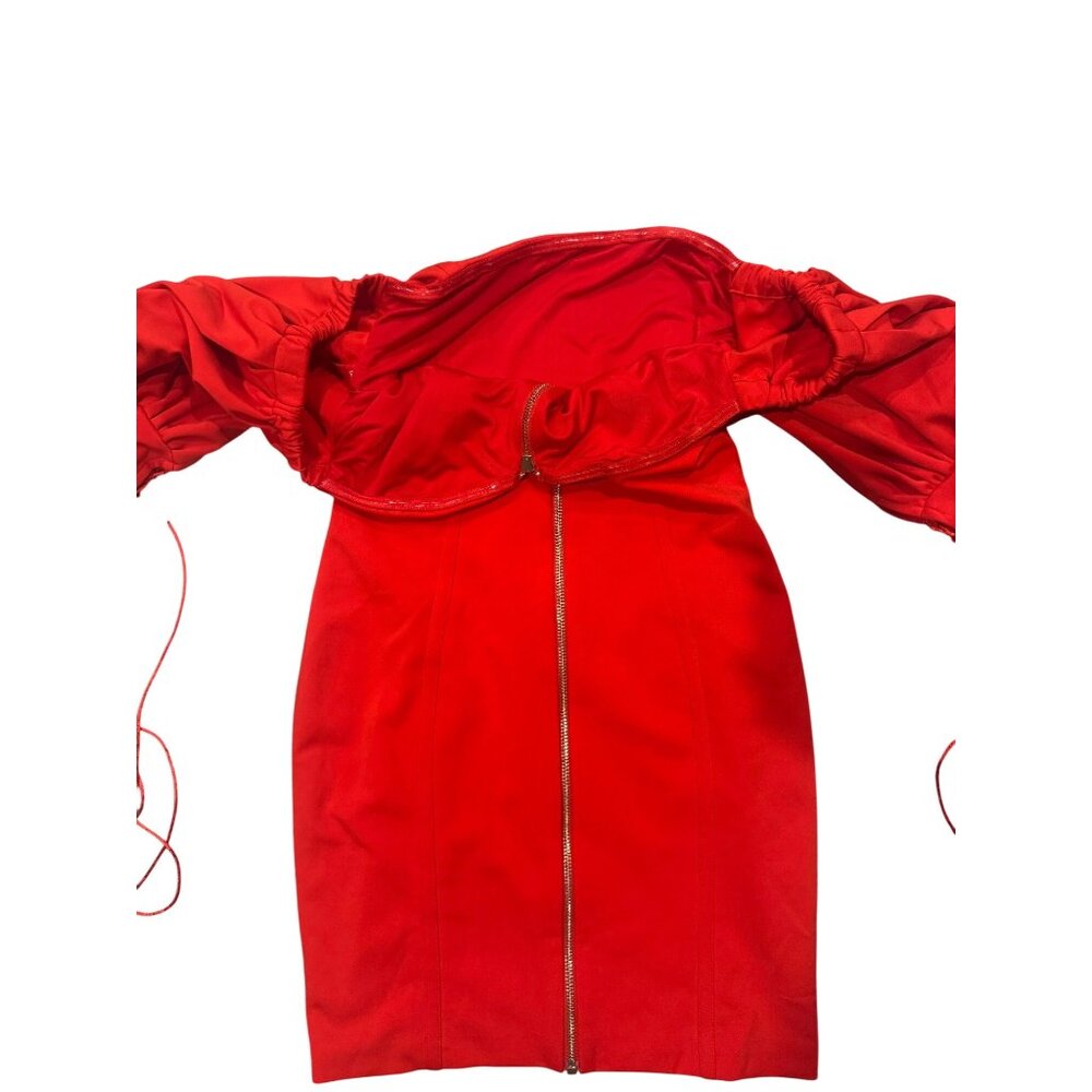 Off-Shoulder Red Dress W/ Puff Sleeves Zip Front Tie Detail Size S Miss Circle P - Picture 8 of 8